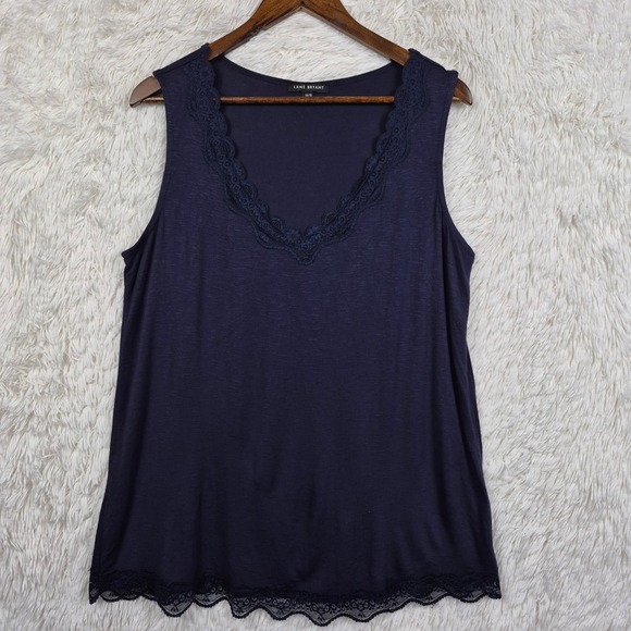 Lane Bryant Tops - Lane Bryant Navy Blue Lace Trim V-Neck Tank Top Sleeveless Slub Knit 14/16